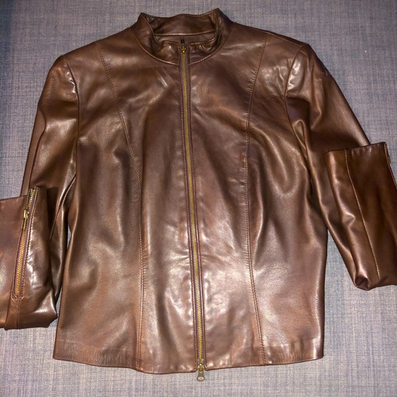 Damier Leather Brown cropped fitted jacket - Picture 1 of 6